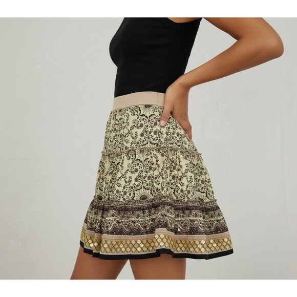 Vtg Y2K Free People Boho Paisley Sequin Tiered Mini Skirt • Skater Grunge Fairy - Picture 7 of 16
